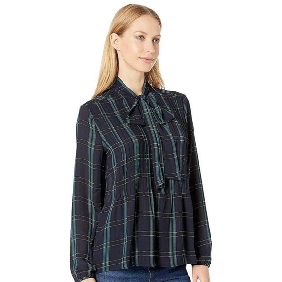 1.State Plaid Georgette Long Sleeve Tie Neck Pintuck Sleek Plaid Blouse XS - Picture 3 of 4